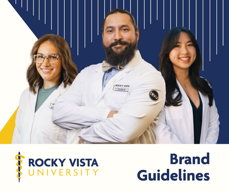 Cover of the Rocky Vista University Brand Guidebook featuring a clean white background, the RVU shield logo in red and gold at the top, and bold typography reading ‘Brand Guidebook.’ The design is minimal and modern, with accents in the official RVU color palette.