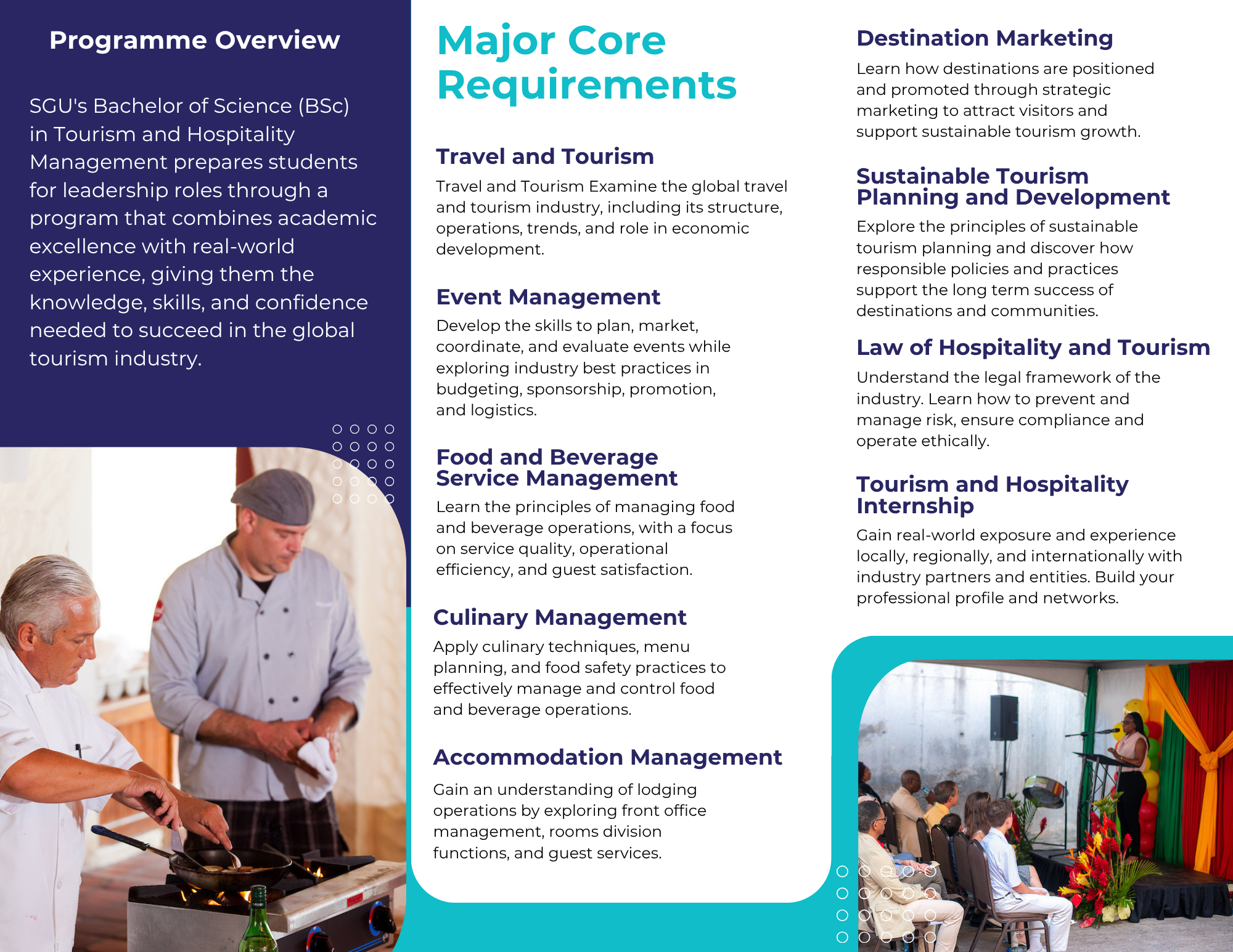 2 Two chefs cooking and preparing food on a stove with text about Bachelor of Science in Tourism and Hospitality Management program requirements including Travel and Tourism, Event Management, Food and Beverage Service Management, Culinary Management, Accommodation Management, Destination Marketing, Sustainable Tourism Planning and Development, Law of Hospitality and Tourism, and Tourism and Hospitality Internship